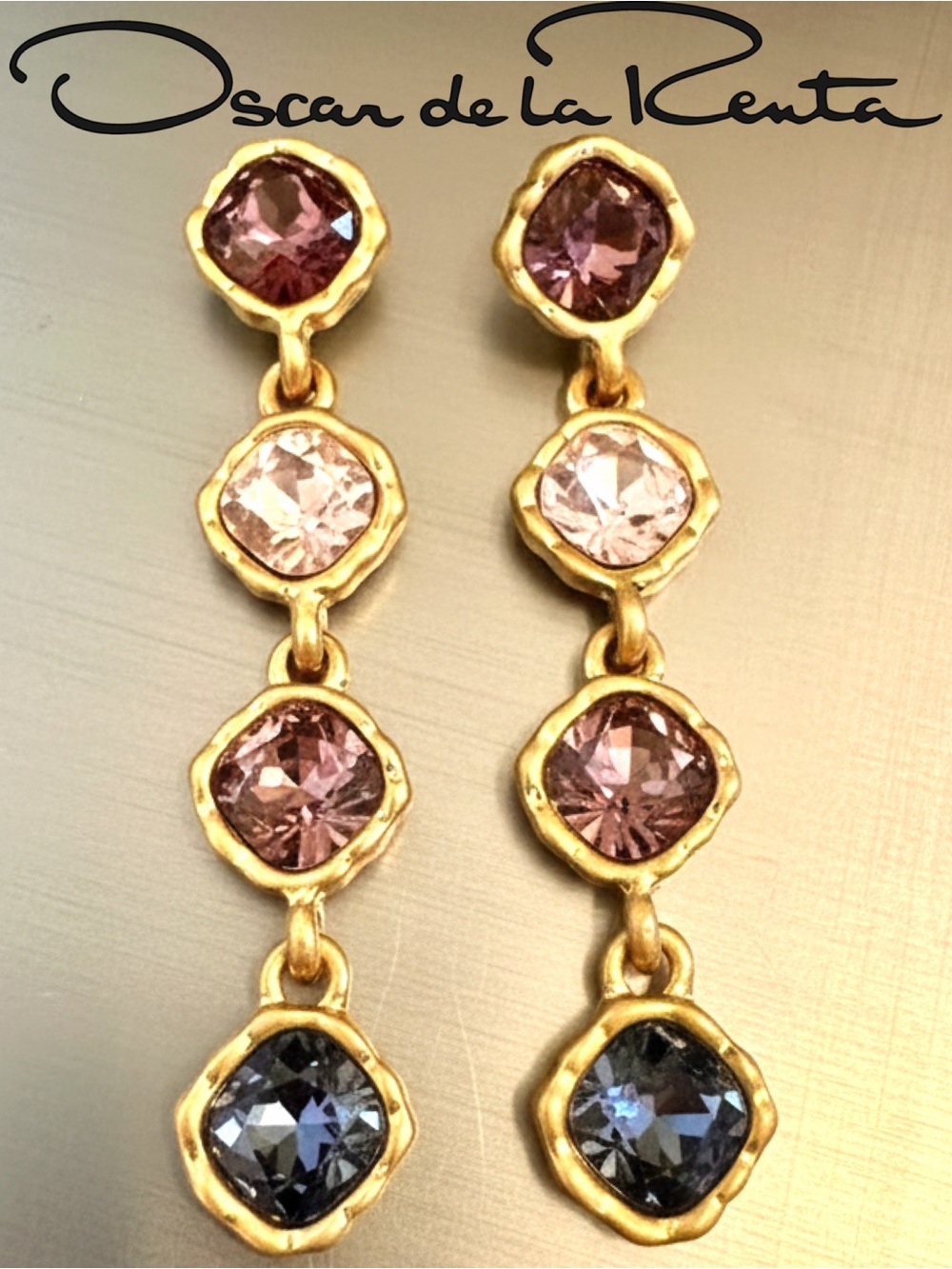 Oscar de la Renta Gold-Tone AMETHYST COMBO ✨CRYSTAL DANGLE EARRINGS✨POST✨